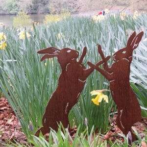 Rusty Boxing Hares Sculpture