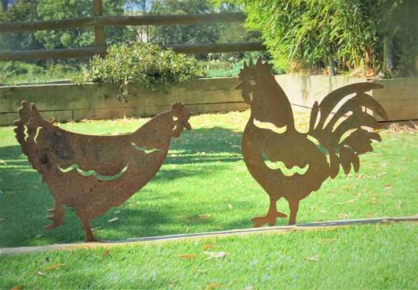 Rusty Metal Chicken and Rooster Garden Stake