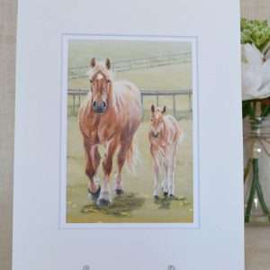 Ambling Suffolk Punch mare and foal in a pale 10x12 inch mount