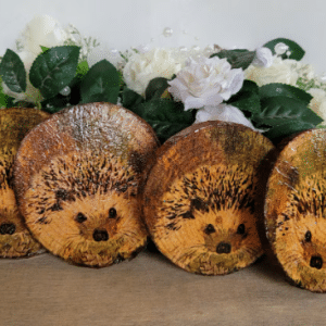 round wood coasters with Hedgehog detail.