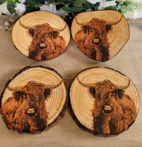 Four round wood slices with Highland cow detail