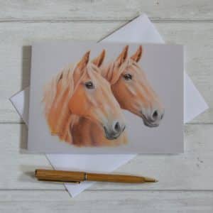 Horse art card. Pair of chestnut horse heads on a grey backgound from my original pastel painting. Oblong, blank inside, with envelope