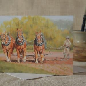 Three Suffolk Punch horses turning the harrow on the headland art card. Oblong with envelope