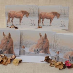 Five blank art cards. Suffolk Punch horses in a snowy paddock greeting either a pair of white geese or a robin. Card size approximately 6 x 4 inches with envelopes. From coloured pencil art.