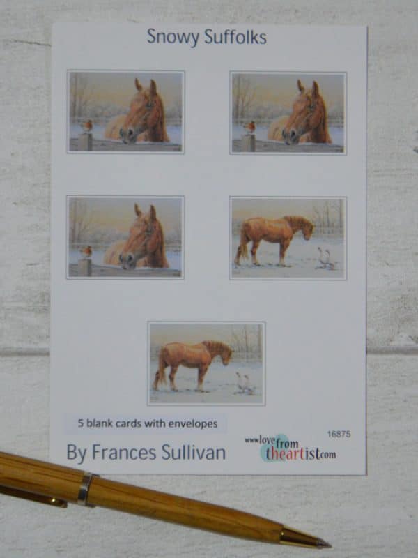 Index card showing five images for contents of Suffolk Punch Horse card pack. Three of Winter Friends and two of Winter Visitors