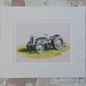 Grey Ferguson tractor art print in a pale rectangular mount